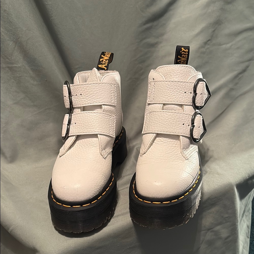 Dr. Martens White Leather Heart Buckle Boots